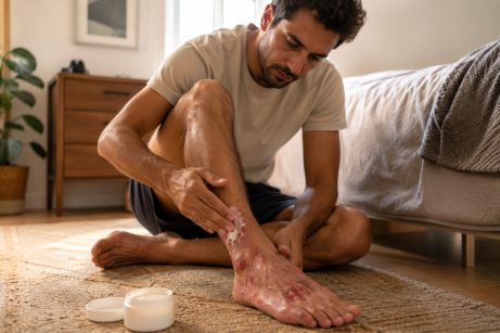 psoriasis pustuleux localisé. un homme applique une crème dans sa chambre.