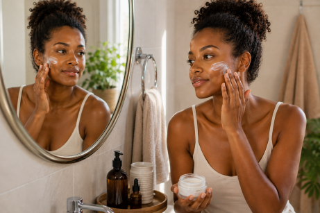 Cosmétique naturelle. Une femme afro qui s'applique une crème sur le visage.