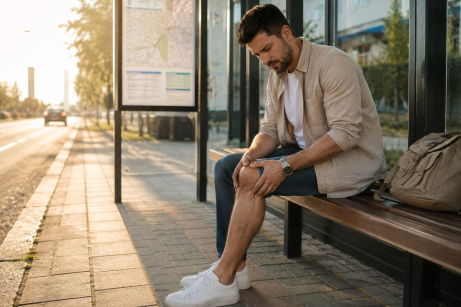 Douleur articulaire. Un homme sous un abris de bus qui se masse le genoux car il a de l'arthrose.