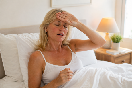 Phytothérapie et bouffées de chaleur. Une femme blonde de cinquante ans qui a des bouffées de chaleur dans son lit à cause de la ménopause.