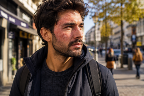 Psoriasis du visage. Un homme dans la rue qui marche avec du psoriasis sur le visage.