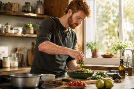 Psoriasis et problèmes intestinaux. Un homme roux qui prépare à manger dans la cuisine avec du psoriasis sur les bras.