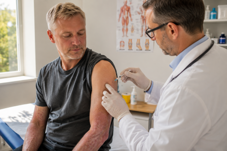 Rhumatisme psoriasique. Un homme blond d'une cinquantaine n'années a une injection pour soulager ses articulations