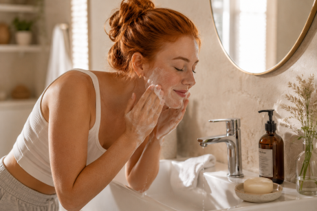 Routine naturelle pour peaux atopiques. Une femme rousse se nettoie le visage avec un savon solide