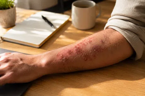 Soignez l'eczéma naturellement. Un bras sur un bureau avec beaucoup d'eczéma.
