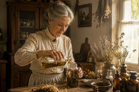 recettes de santé de nos grands-mères. Une grand mère en train de préparer un macérât huileux dans sa cuisine.