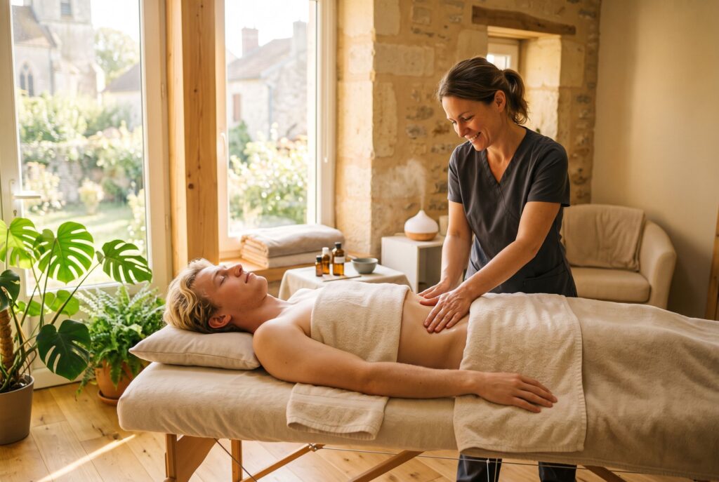 Chi nei tsang. Un homme blond sur une table de massage avec une femme professionnelle.