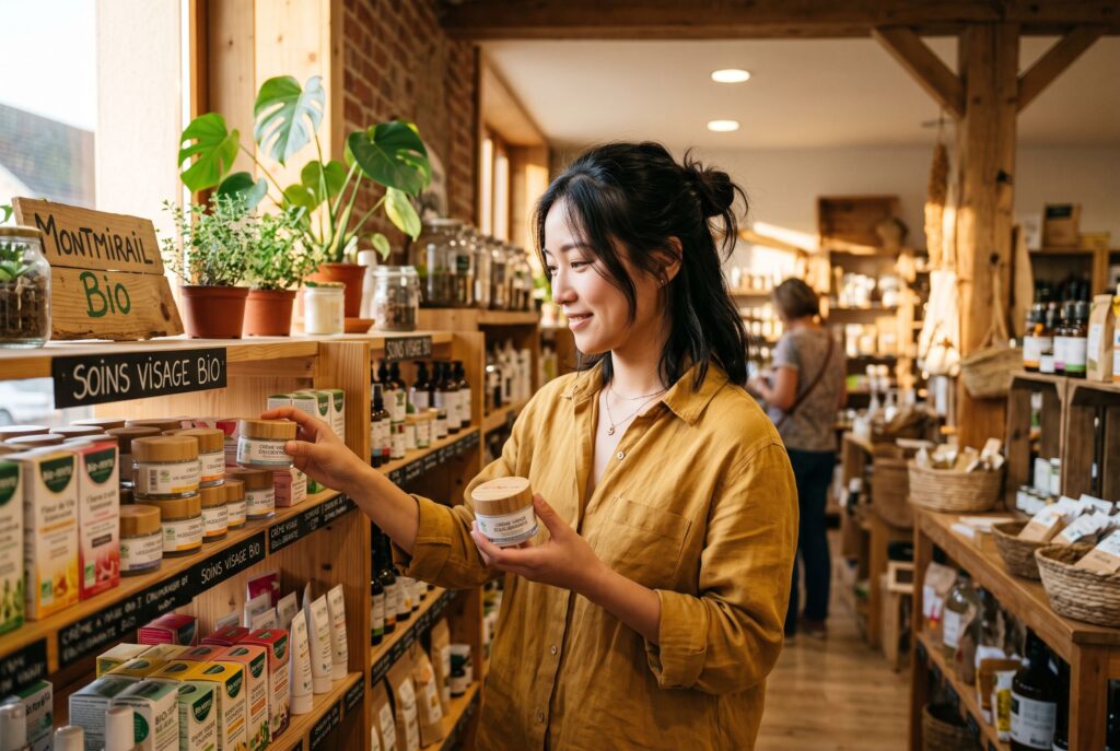 Cosmétique 100% naturel et bio. Une femme asiatique dans un rayon de cosmétique bio choisit une crème visage.