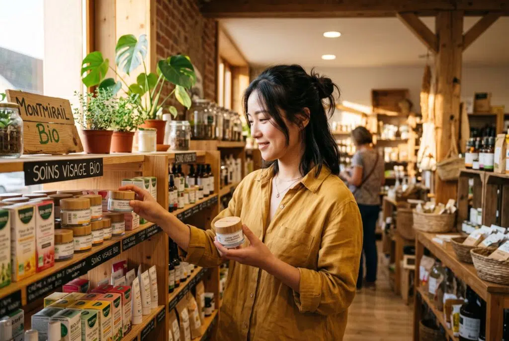 Cosmétique 100% naturel et bio. Une femme asiatique dans un rayon de cosmétique bio choisit une crème visage.