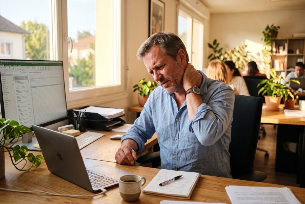 Douleur épaule et cou. Un homme au bureau qui se masse la nuque car il a mal.