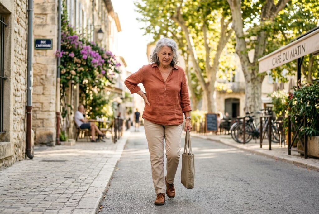 Douleur hanche droite. Une femme âgée marche dans la rue avec une main sur sa hanche.