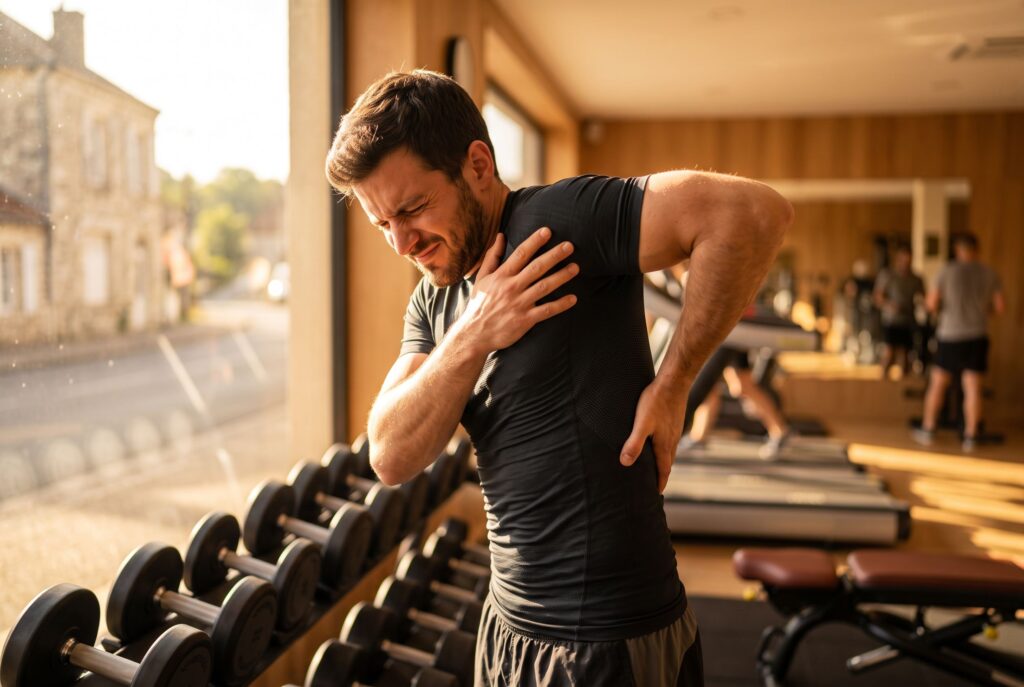Douleur omoplate, un homme dans une salle de sport qui s'étire son articulation car il a mal.
