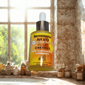 Huile soin cheveux. Dans une salle de bain un matin ensoleillé.