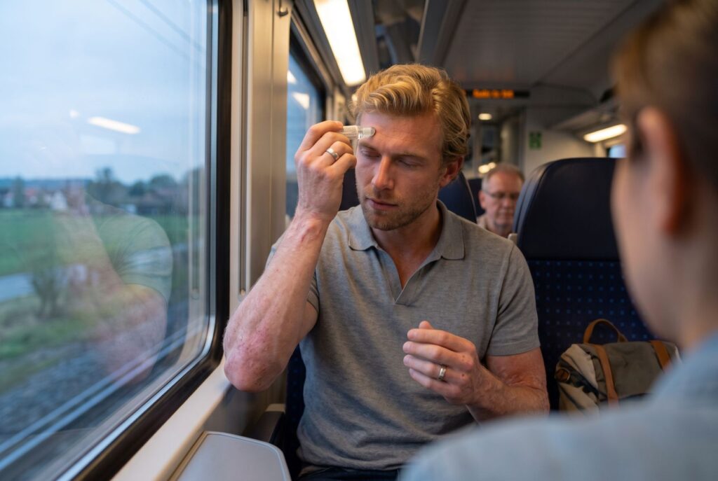 Huiles essentielles pour migraine et sinusite. Un homme blond dans un train qui applique un roll on sur son front.