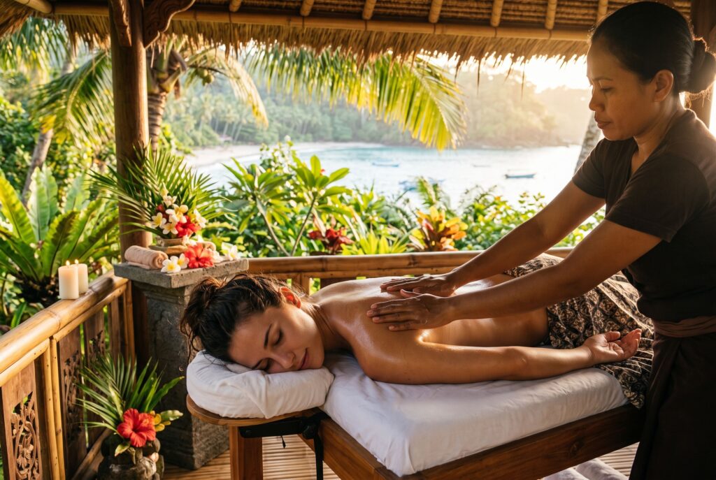 Massage abhyanga ayurvédique. Une femme brune se fait masser le dos dans un univers tropical.
