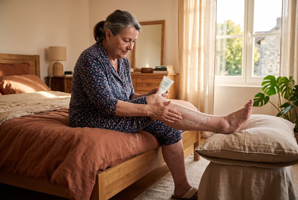 Phytothérapie et rétention d'eau. Une femme âgée avec des jambes gonflées qui se les masse sur son lit.