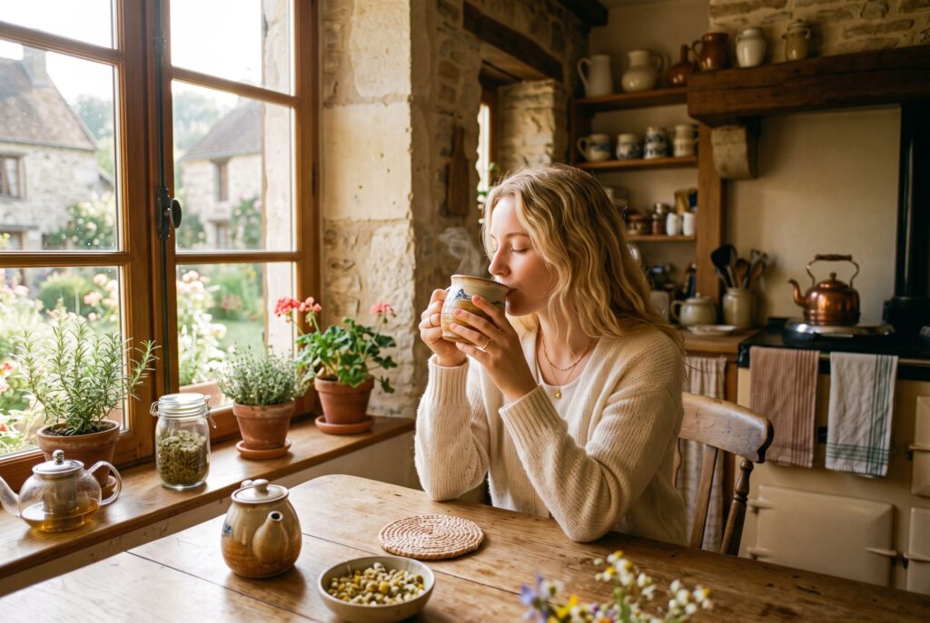 Remède naturel contre le stress. Une femme blonde prend une tasse de tisane dans sa cuisine.