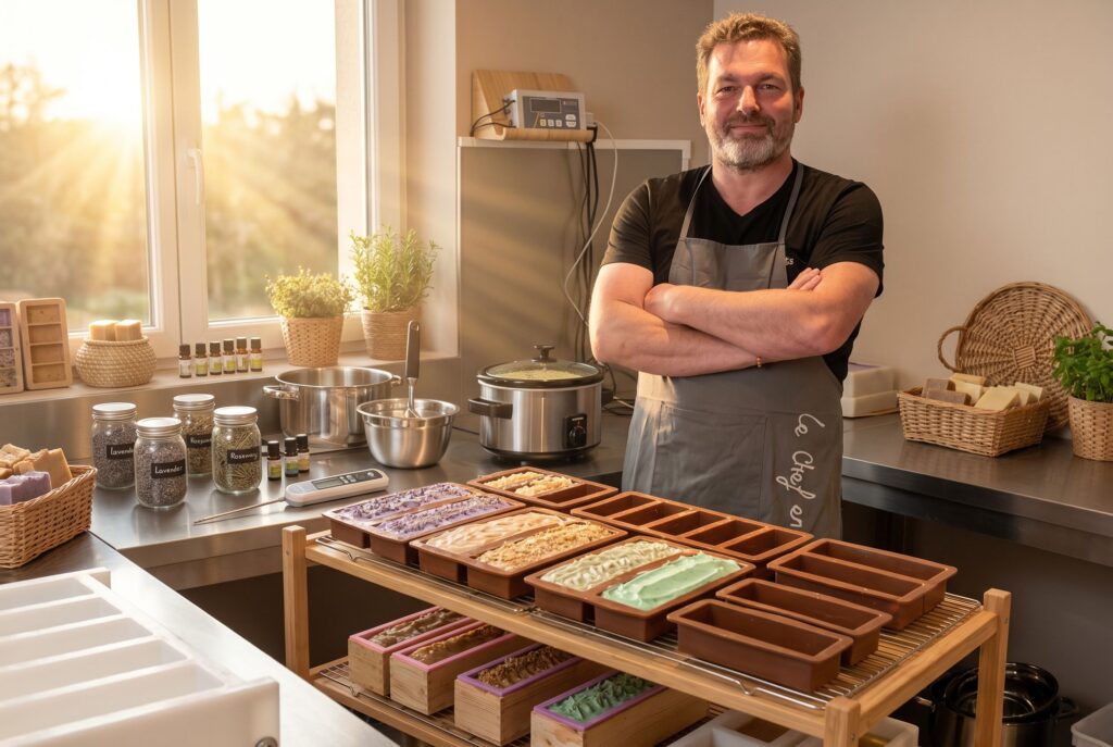 Savonnerie Art n'O avec Arnaud BOURDON dans son laboratoire entouré de moule à savon.