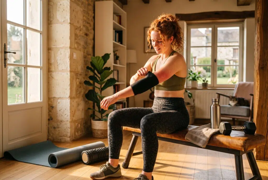 Tendinite du coude. Une femme rousse qui fait du sport mais qui a mal au coude. Elle est une coudière.